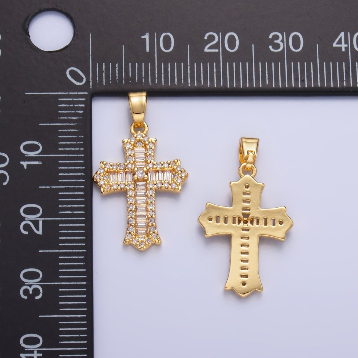 24K Gold Filled Clear CZ Baguette Micro Paved Passion Religious Cross Pendant | AA1329 - DLUXCA