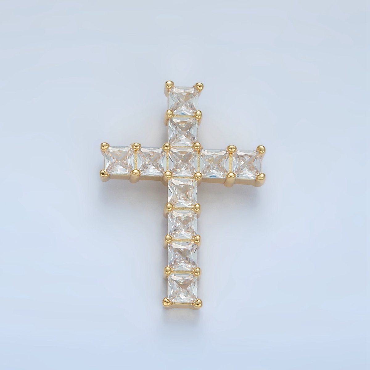 24K Gold Filled Clear CZ Baguette Religious Cross Pendant | AA869 - DLUXCA