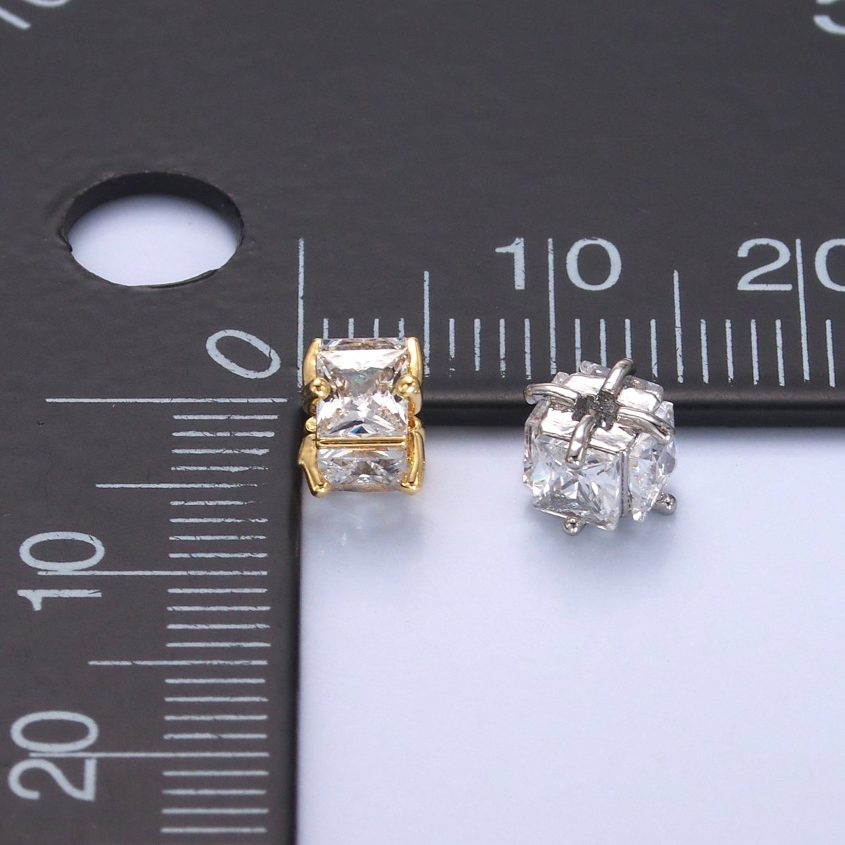 24K Gold Filled Clear CZ Baguette Square Rhondelle Bead in Gold & Silver | B641 - DLUXCA