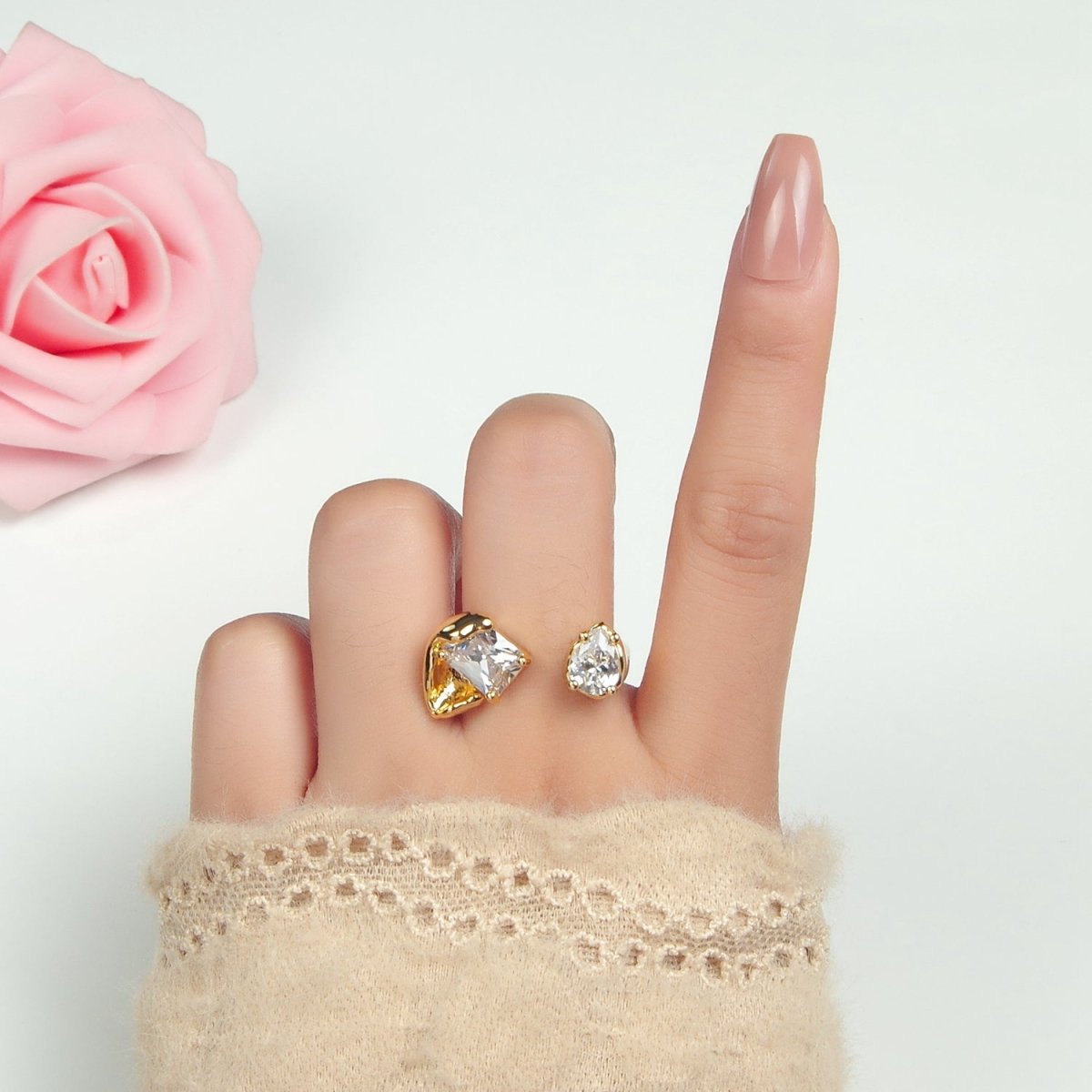 24K Gold Filled Clear CZ Baguette Teardrop Molten Wrap Ring | U339 - DLUXCA