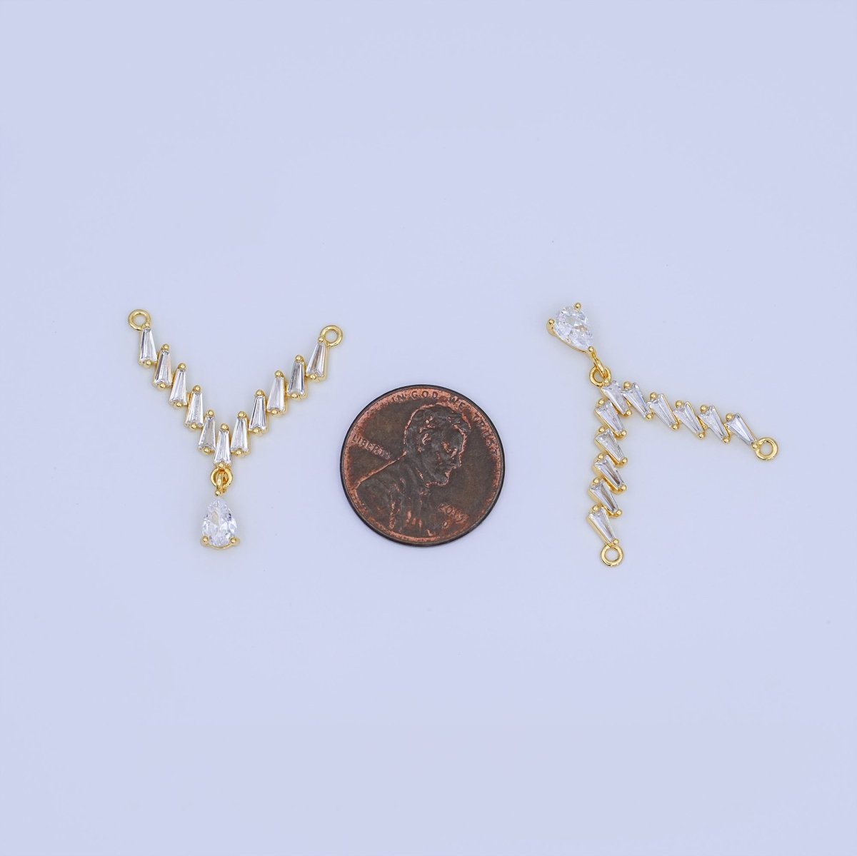 24K Gold Filled Clear CZ Baguette Teardrop V - Shaped Connector | Y024 - DLUXCA