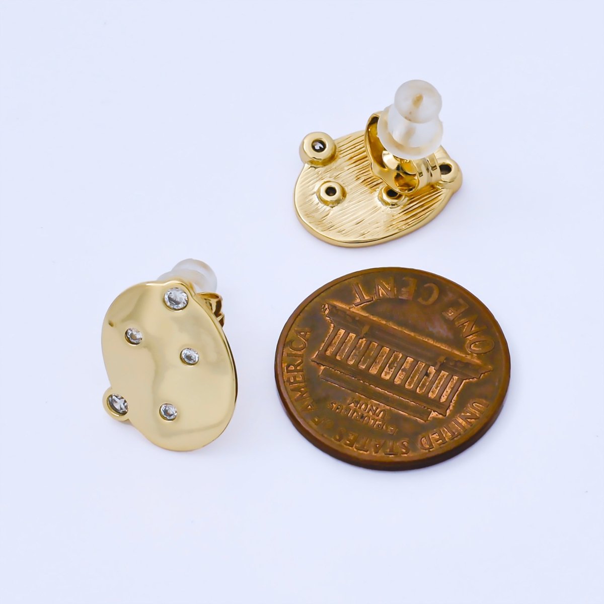 24K Gold Filled Clear CZ Dotted Hammered Oval Stud Earrings | AB1642 - DLUXCA