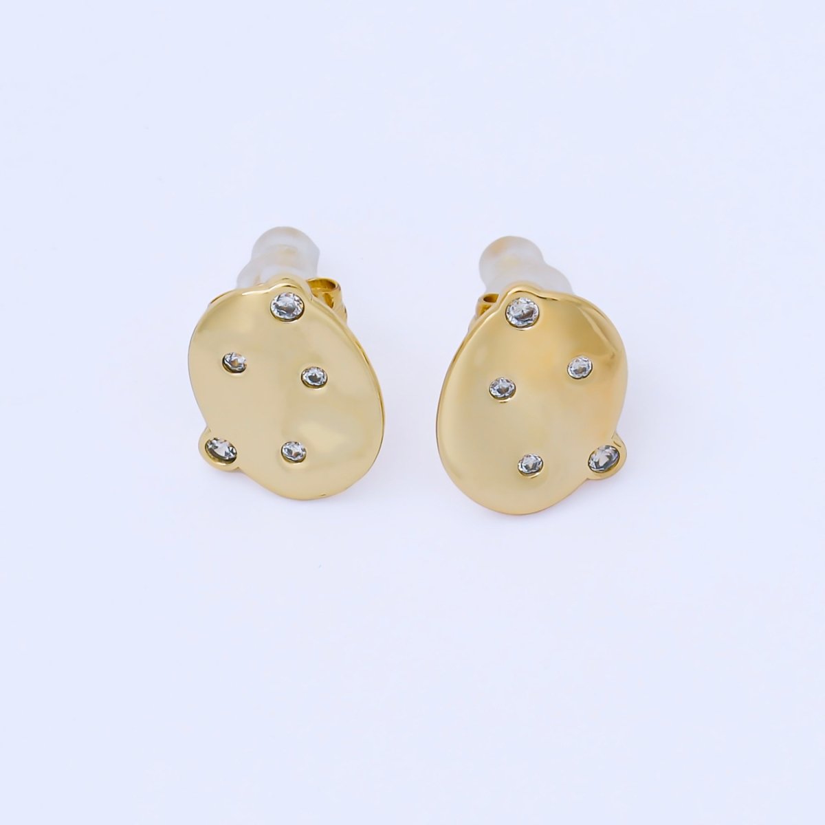 24K Gold Filled Clear CZ Dotted Hammered Oval Stud Earrings | AB1642 - DLUXCA