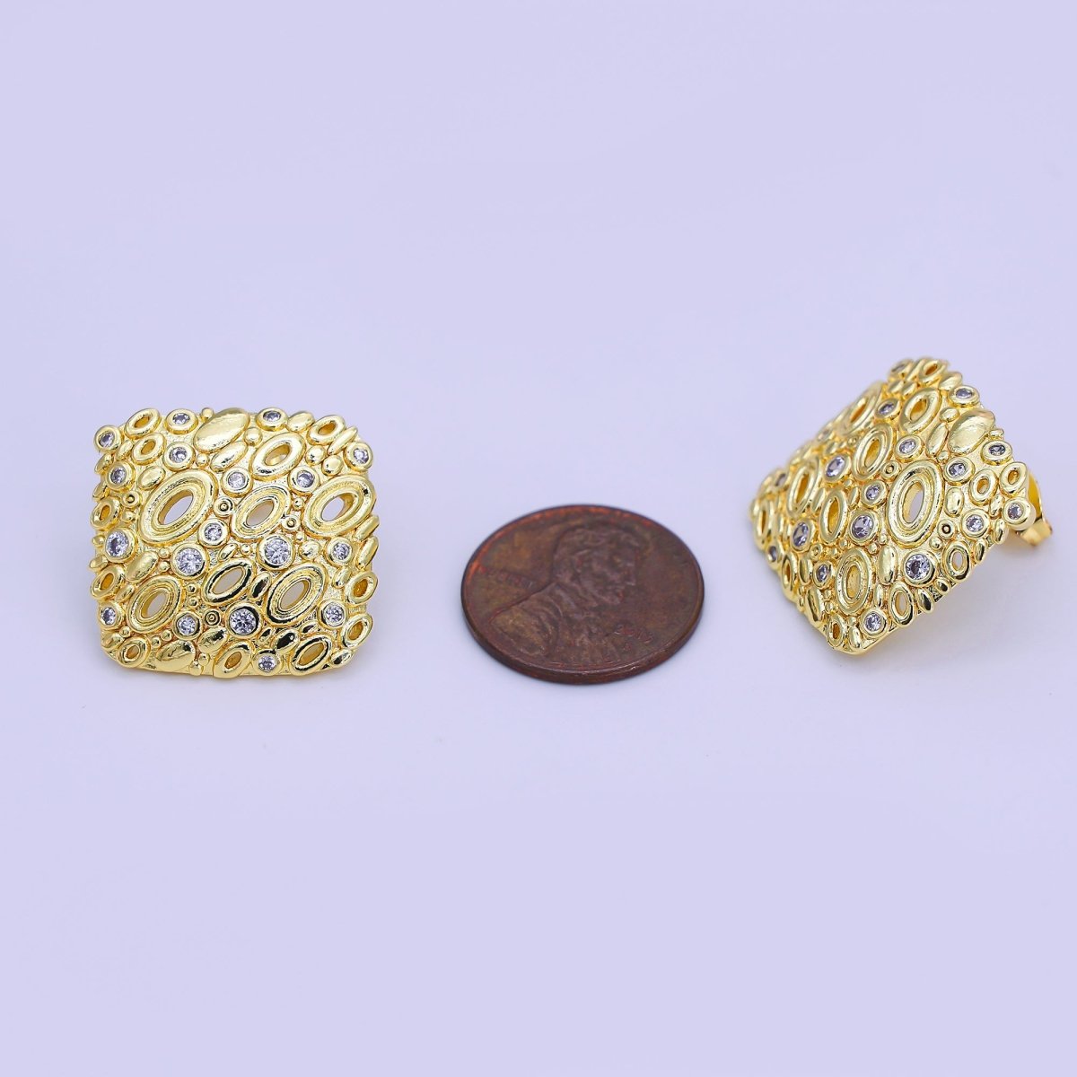 24K Gold Filled Clear CZ Dotted Open Oval Square Stud Earrings | AI500 - DLUXCA