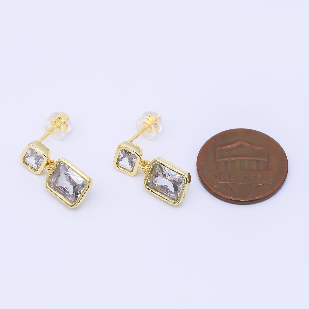 24K Gold Filled Clear CZ Double Square Baguette Drop Stud Earrings | AB1589 - DLUXCA