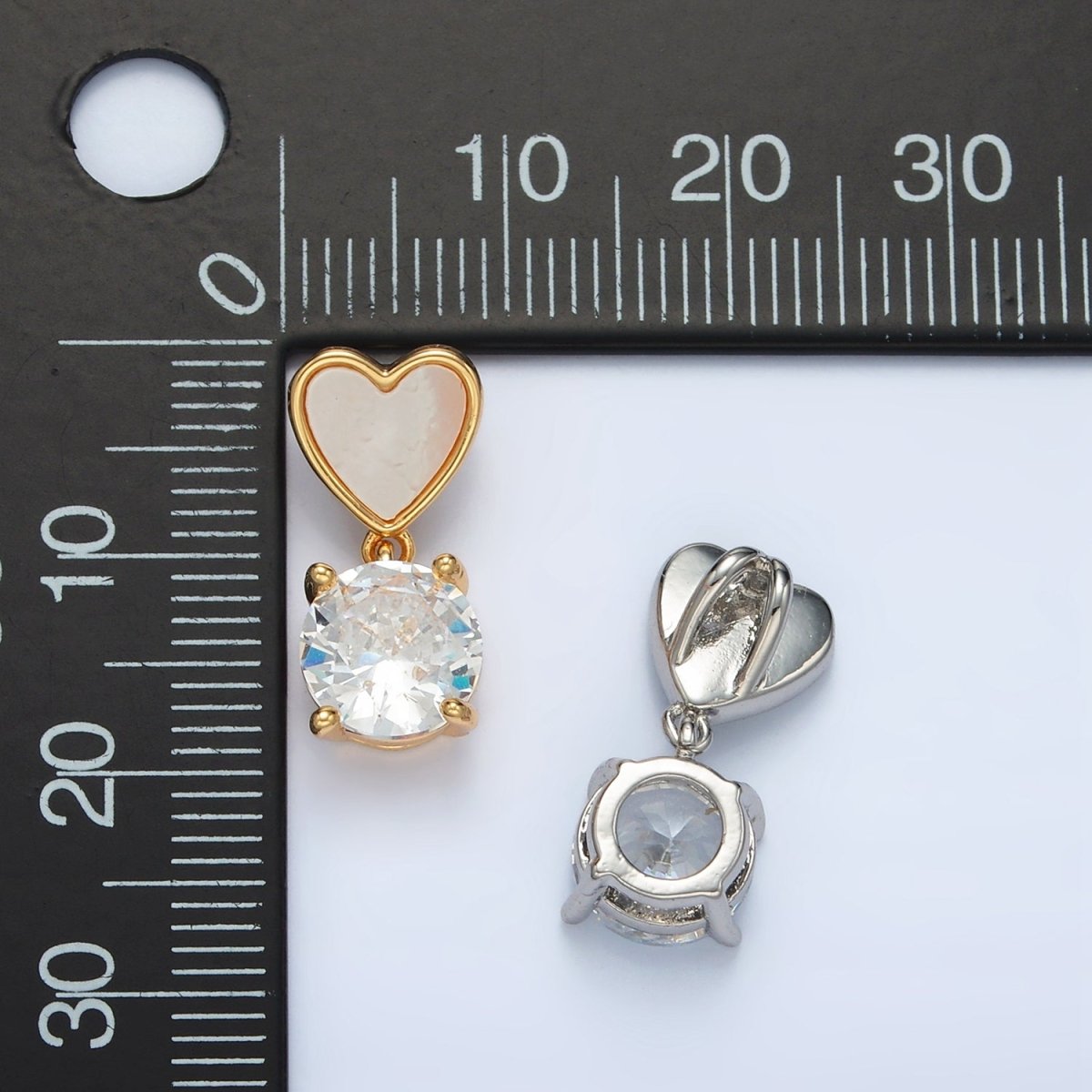 24K Gold Filled Clear CZ Drop Shell Pearl Heart Back Loop Pendant in Gold & Silver | AA1512 - DLUXCA