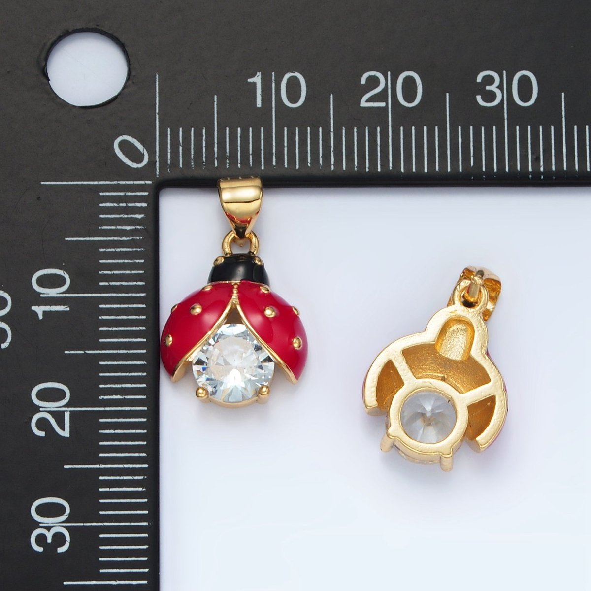 24K Gold Filled Clear CZ Enamel Lucky Ladybug Insect Pendant | I185 - DLUXCA