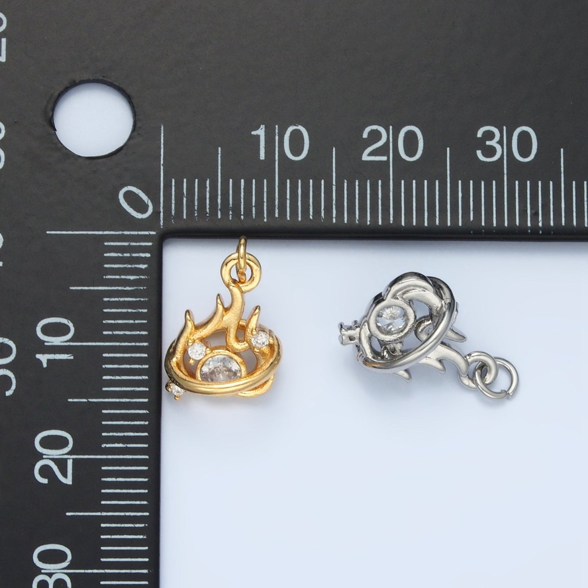 24K Gold Filled Clear CZ Fire Flame Mini Charm in Gold & Silver | E379 - DLUXCA