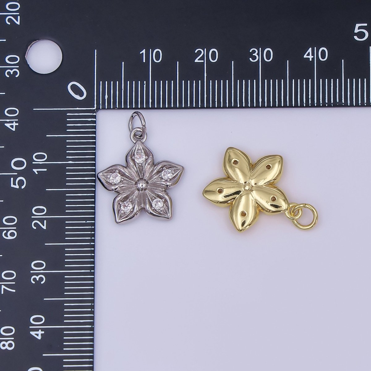 24K Gold Filled Clear CZ Flower Charm in Gold & Silver | AF437 - DLUXCA