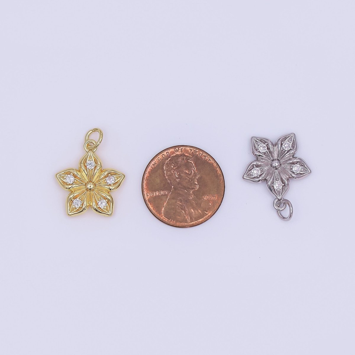 24K Gold Filled Clear CZ Flower Charm in Gold & Silver | AF437 - DLUXCA