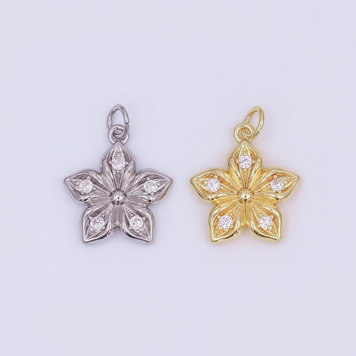 24K Gold Filled Clear CZ Flower Charm in Gold & Silver | AF437 - DLUXCA