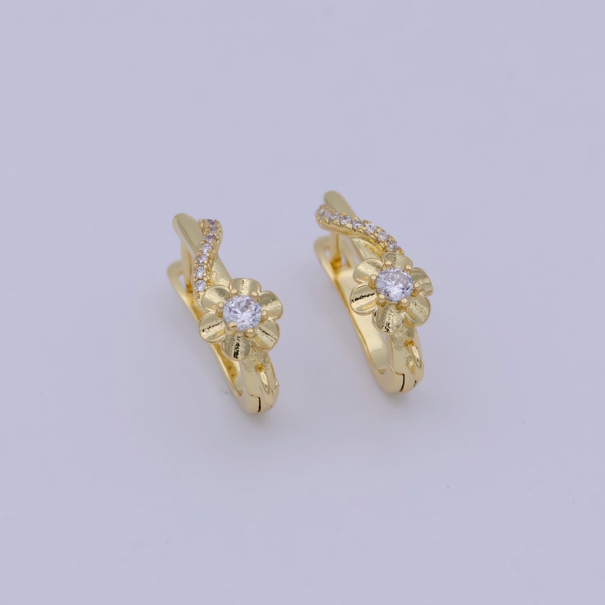 24K Gold Filled Clear CZ Flower Lined Open Loop English Lock Drop Earrings Findings | Z820 - DLUXCA