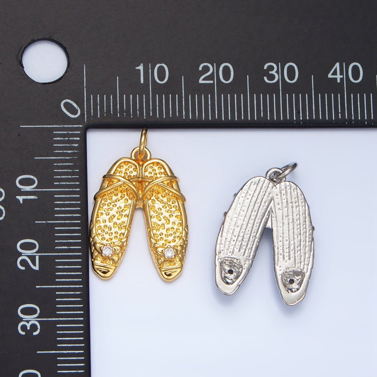 24K Gold Filled Clear CZ Hammered Ballet Dancing Shoes Charm in Gold & Silver | E338 - DLUXCA