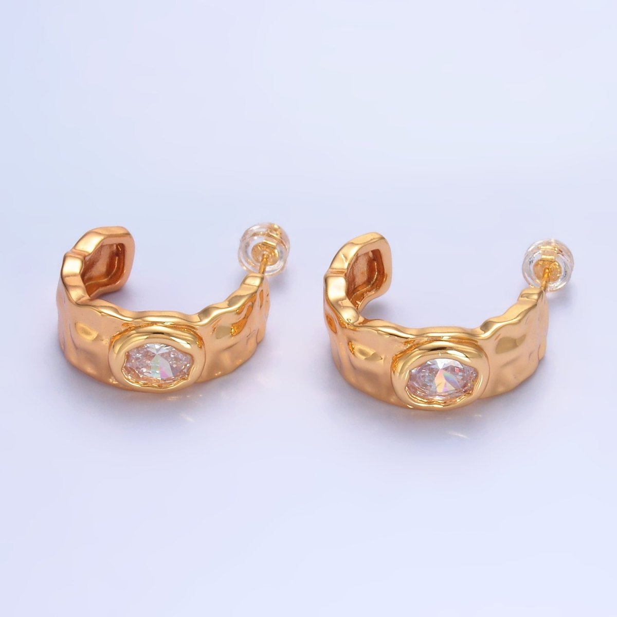 24K Gold Filled Clear CZ Hammered Molten C - Shaped Hoop Earrings | AB1471 - DLUXCA