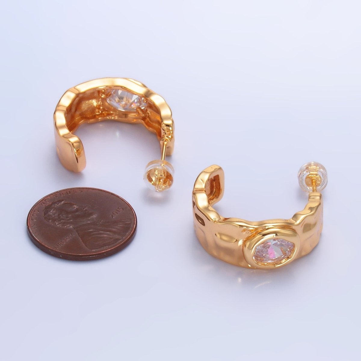 24K Gold Filled Clear CZ Hammered Molten C - Shaped Hoop Earrings | AB1471 - DLUXCA