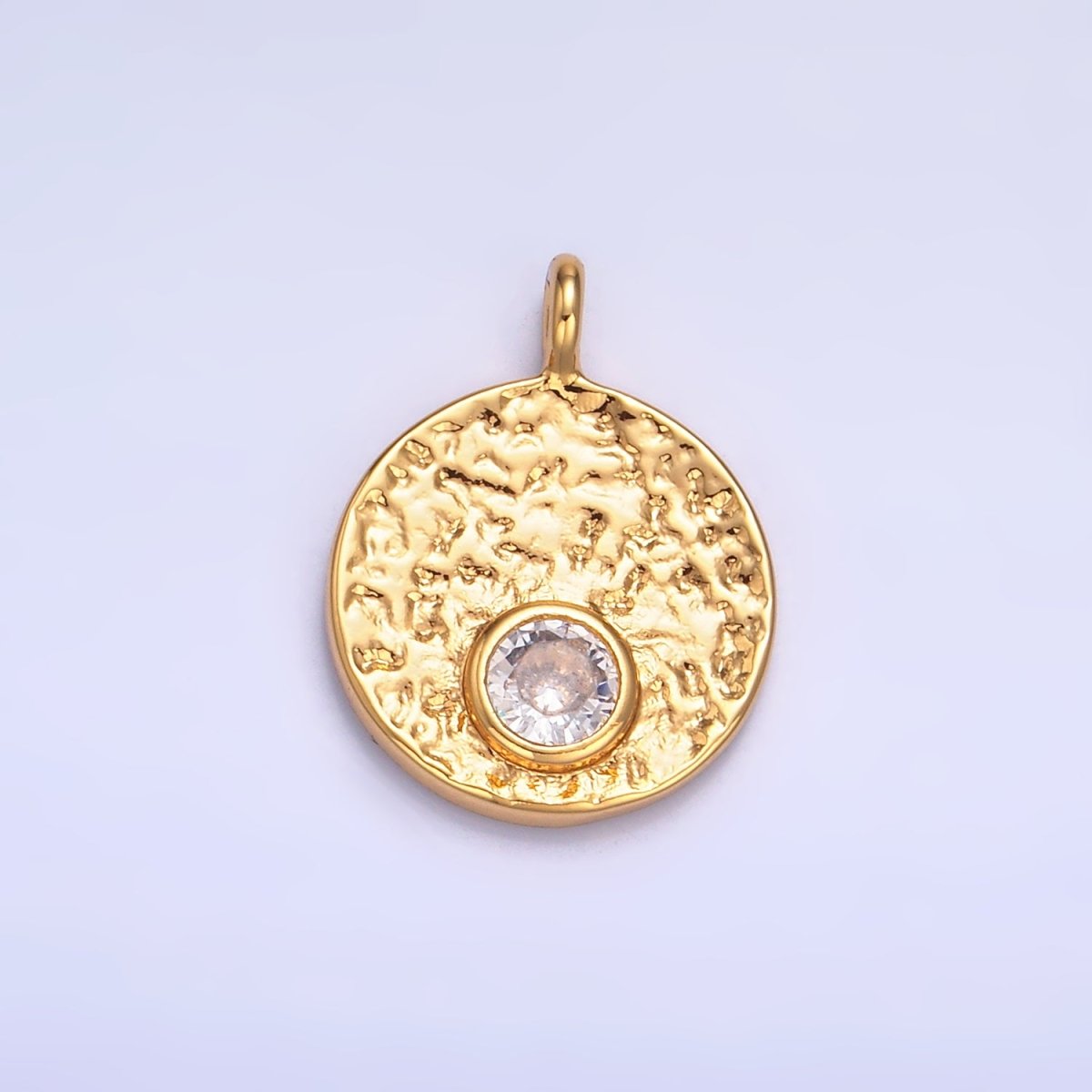 24K Gold Filled Clear CZ Hammered Round Pendant | W438 - DLUXCA