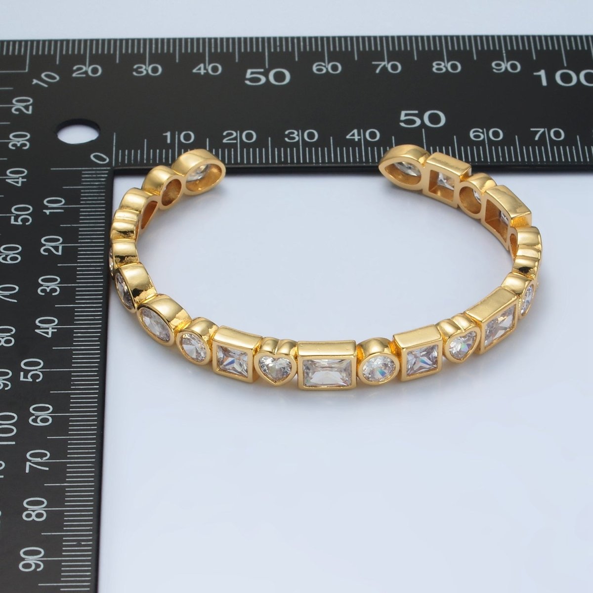 24K Gold Filled Clear CZ Heart Baguette Oval Lined Bangle Cuff Bracelet | WA - 2561 - DLUXCA