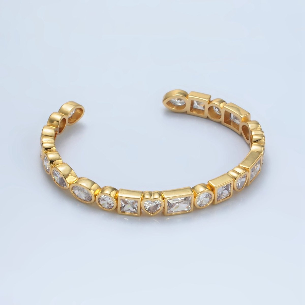 24K Gold Filled Clear CZ Heart Baguette Oval Lined Bangle Cuff Bracelet | WA - 2561 - DLUXCA