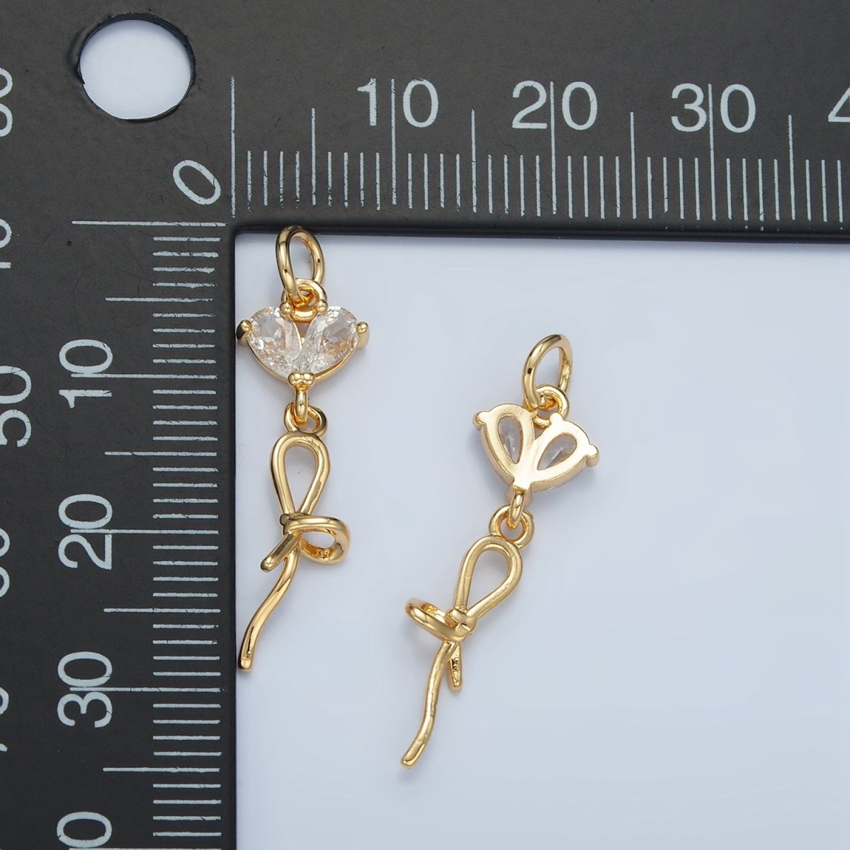 24K Gold Filled Clear CZ Heart Ribbon Bow Drop Charm | N1416 - DLUXCA