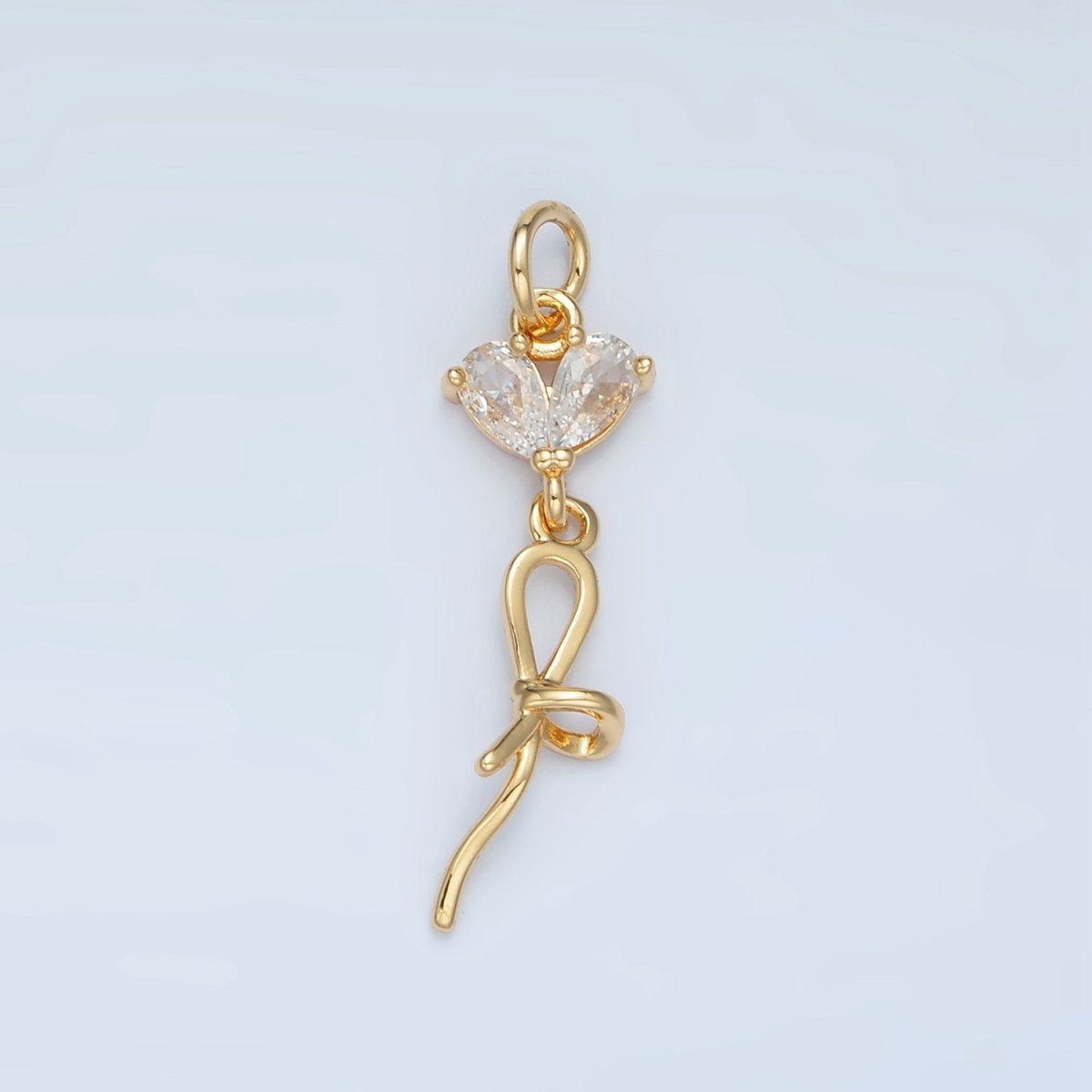 24K Gold Filled Clear CZ Heart Ribbon Bow Drop Charm | N1416 - DLUXCA