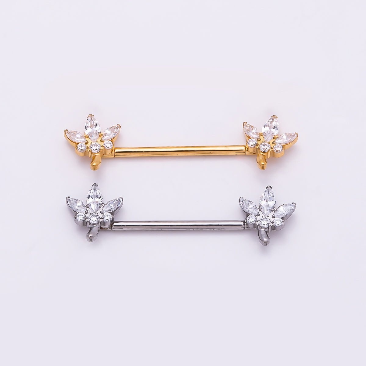 24K Gold Filled Clear CZ Marquise Flower Nipple Barbell Piercing Body Jewelry in Gold & Silver | Findings-00264 Findings-00265 - DLUXCA
