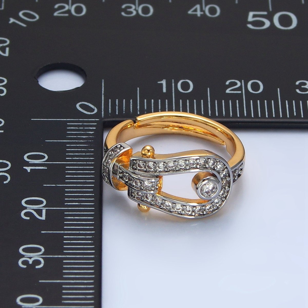 24K Gold Filled Clear CZ Micro Paved Buckle Mixed Metal Ring | O1410 - DLUXCA