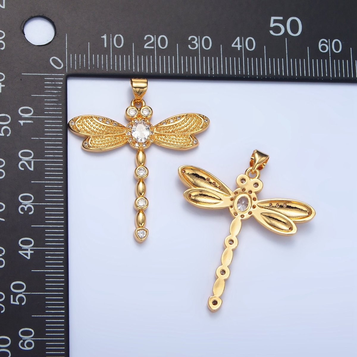 24K Gold Filled Clear CZ Micro Paved Dotted Dragonfly Insect Pendant | AA949 - DLUXCA