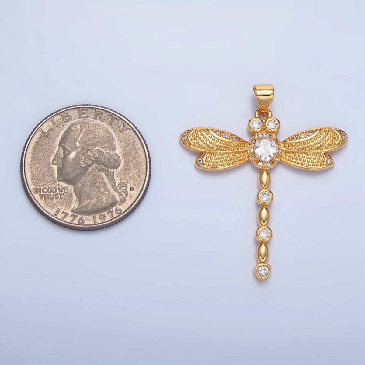 24K Gold Filled Clear CZ Micro Paved Dotted Dragonfly Insect Pendant | AA949 - DLUXCA