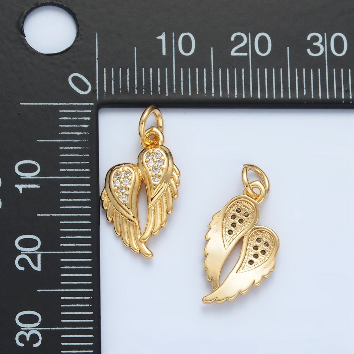 24K Gold Filled Clear CZ Micro Paved Double Angel Wings Charm | X291 - DLUXCA