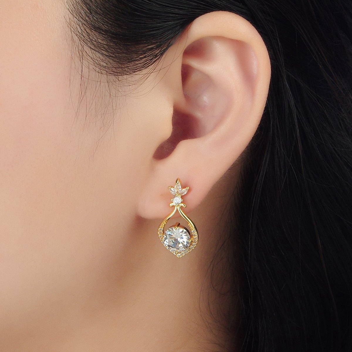 24K Gold Filled Clear CZ Micro Paved Fleur Open Curved Stud Earrings | AD750 - DLUXCA