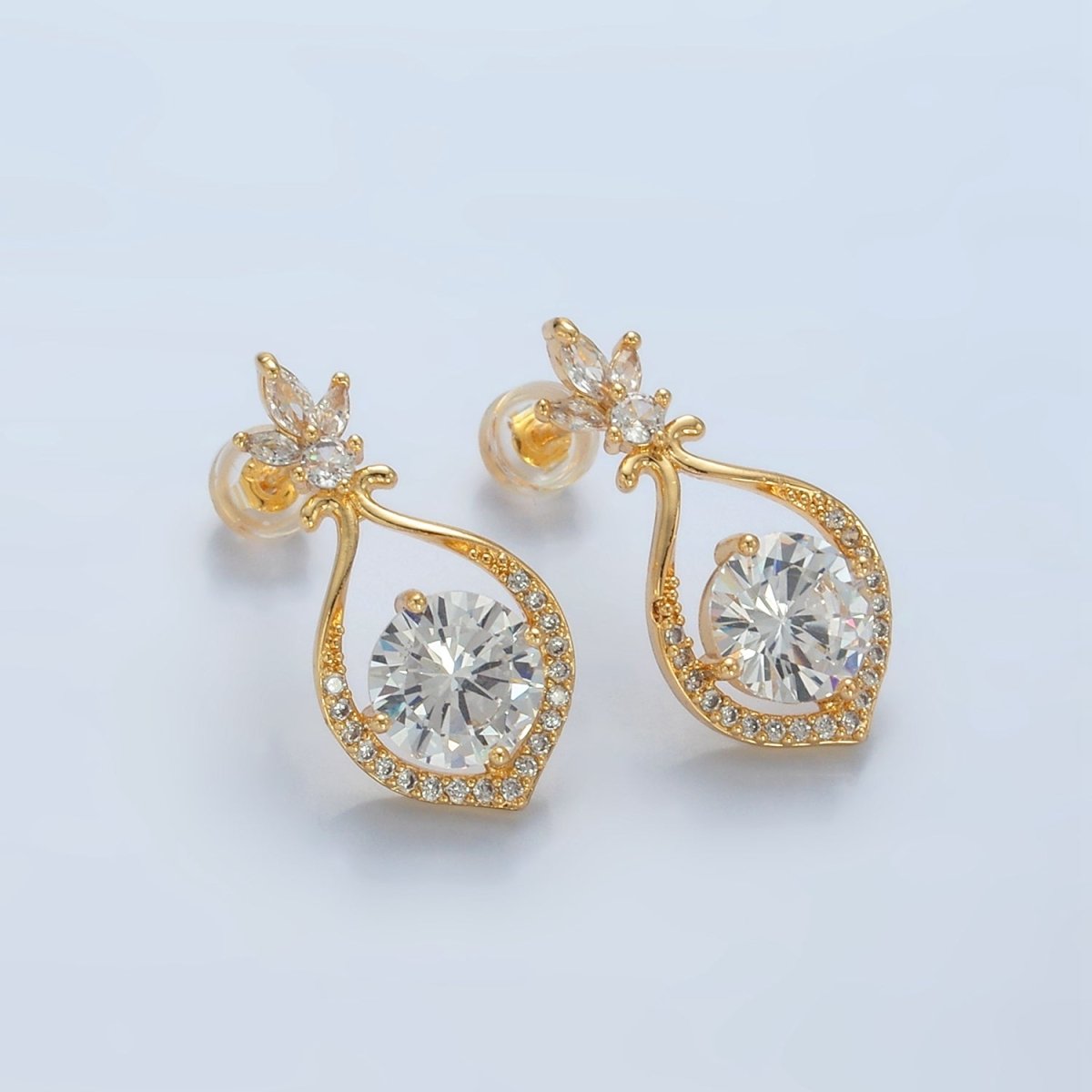 24K Gold Filled Clear CZ Micro Paved Fleur Open Curved Stud Earrings | AD750 - DLUXCA