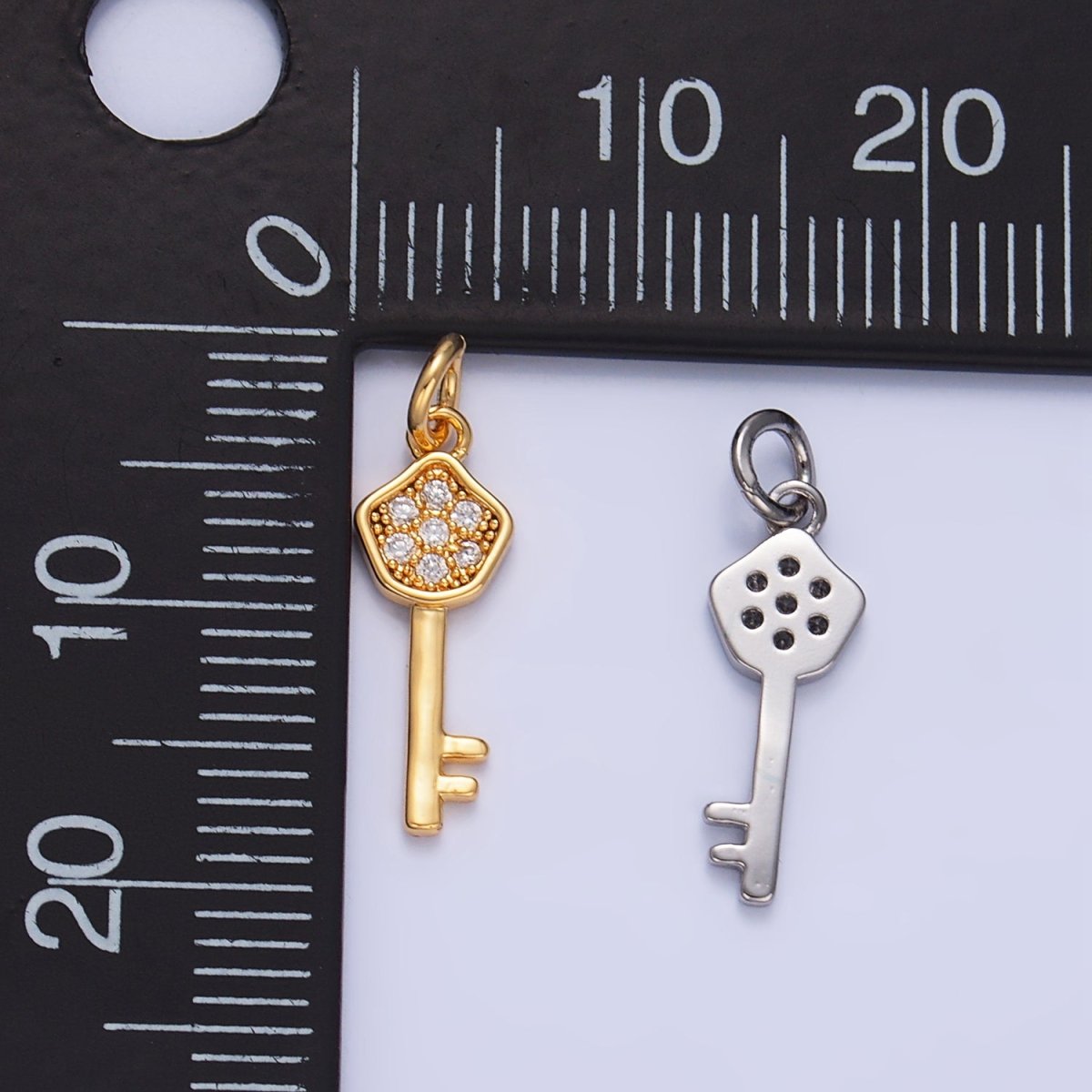 24K Gold Filled Clear CZ Micro Paved Key Charm in Gold & Silver | W135 - DLUXCA