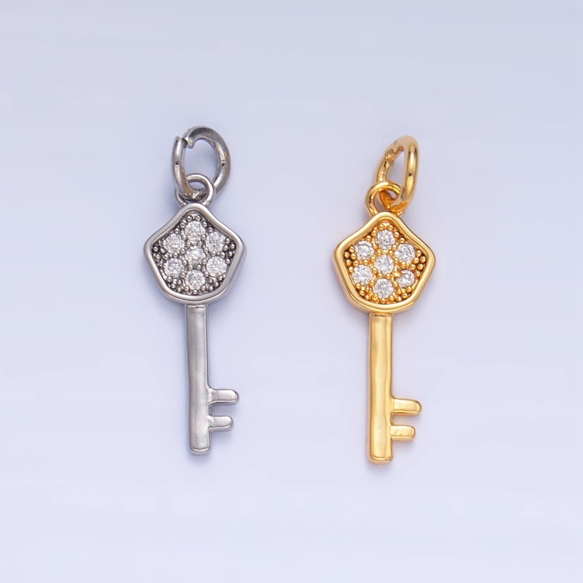 24K Gold Filled Clear CZ Micro Paved Key Charm in Gold & Silver | W135 - DLUXCA