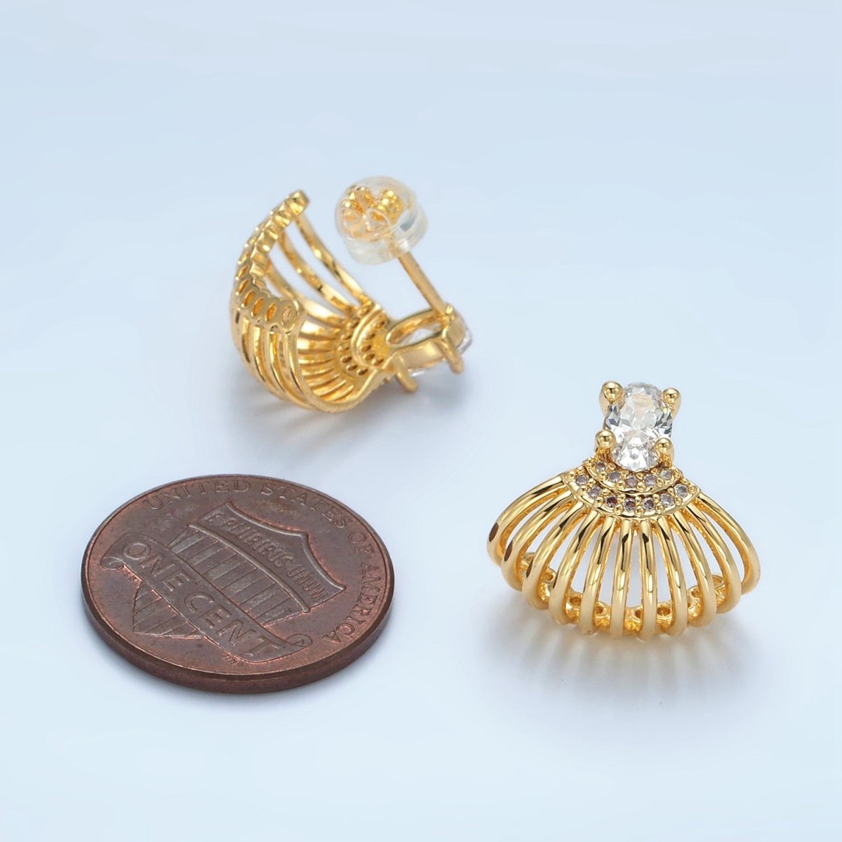 24k Gold Filled Clear CZ Micro Paved Ocean Seashell Stud Earrings | AD - 747 - DLUXCA