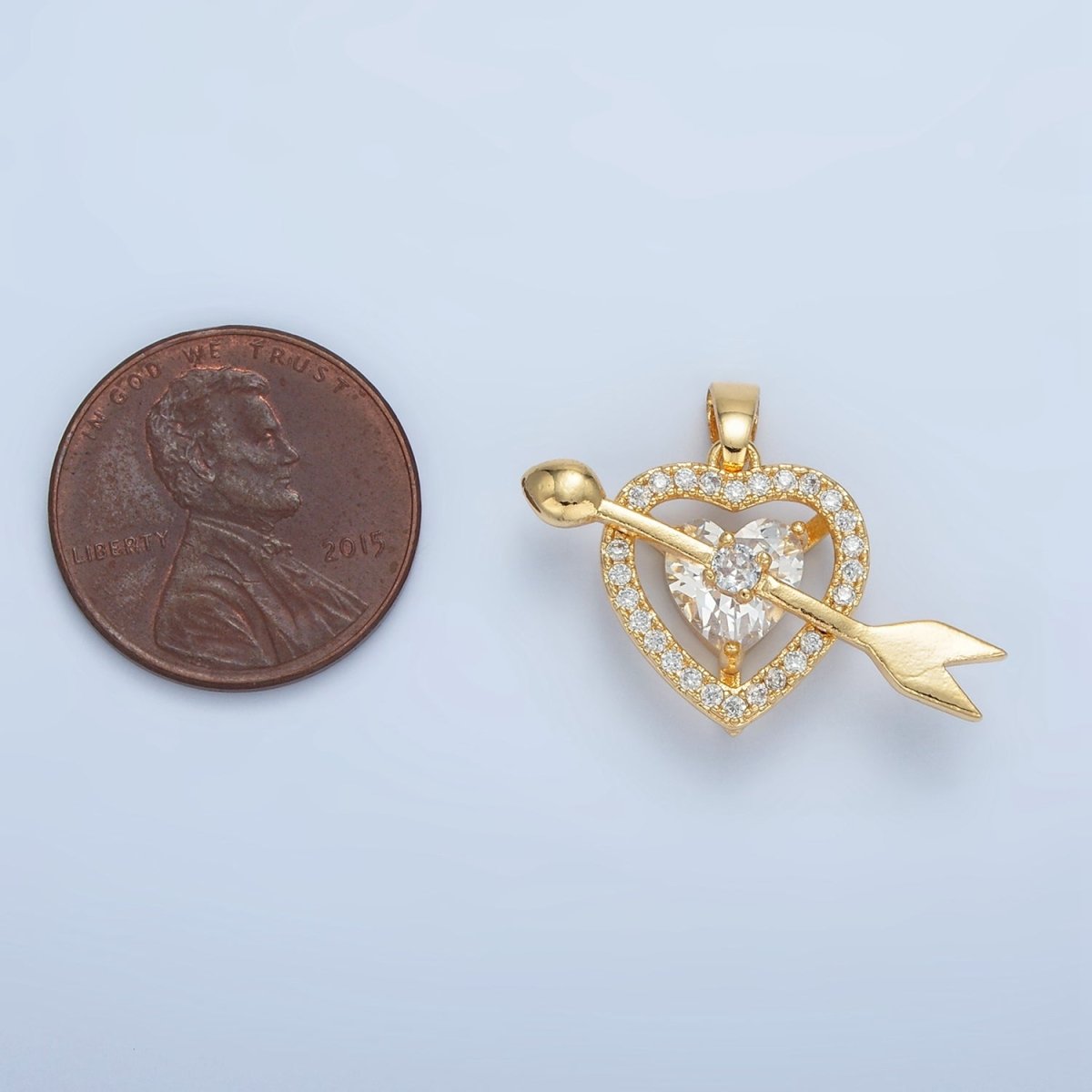 24K Gold Filled Clear CZ Micro Paved Open Heart Arrow Cupid Pendant | AA870 - DLUXCA