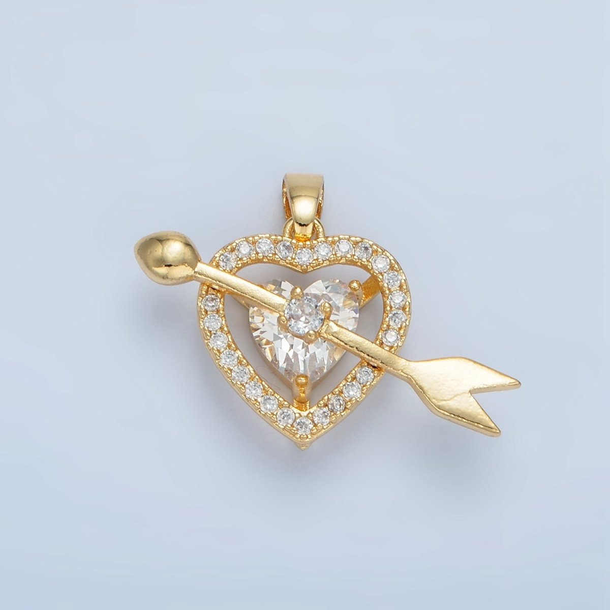 24K Gold Filled Clear CZ Micro Paved Open Heart Arrow Cupid Pendant | AA870 - DLUXCA