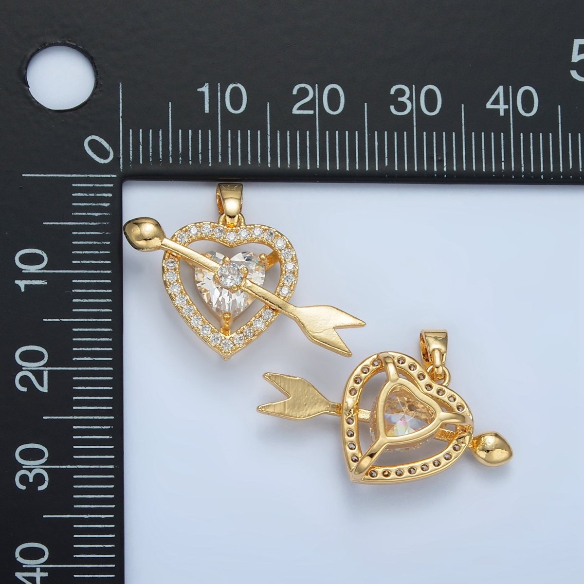 24K Gold Filled Clear CZ Micro Paved Open Heart Arrow Cupid Pendant | AA870 - DLUXCA