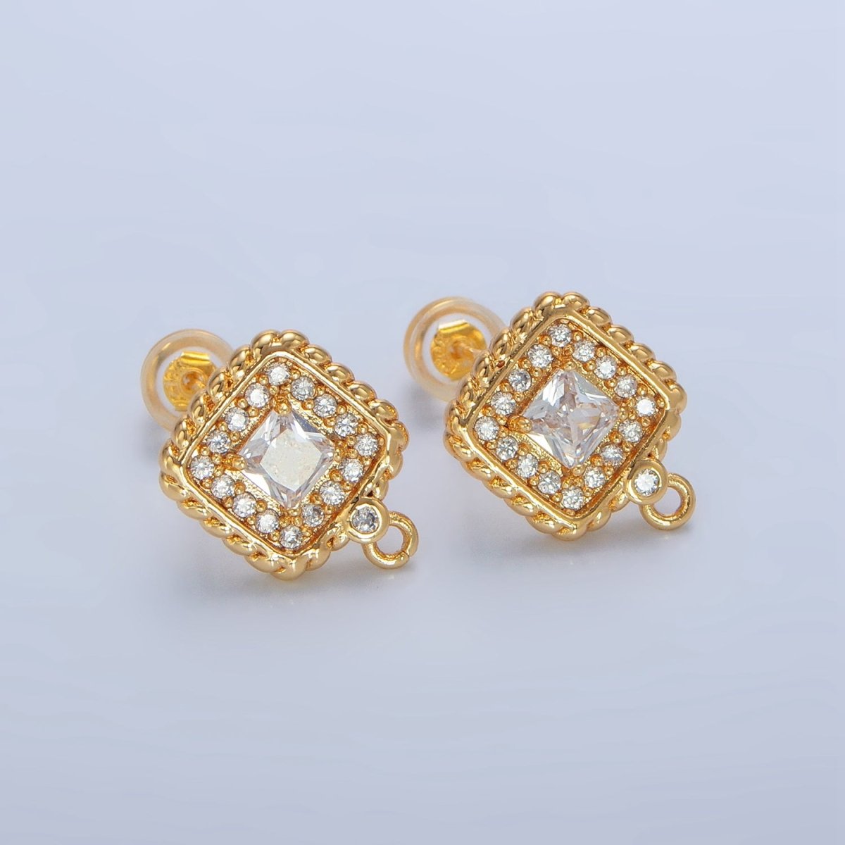 24K Gold Filled Clear CZ Micro Paved Square Braided Bezel Open Loop Drop Stud Earring Findings | Z957 - DLUXCA