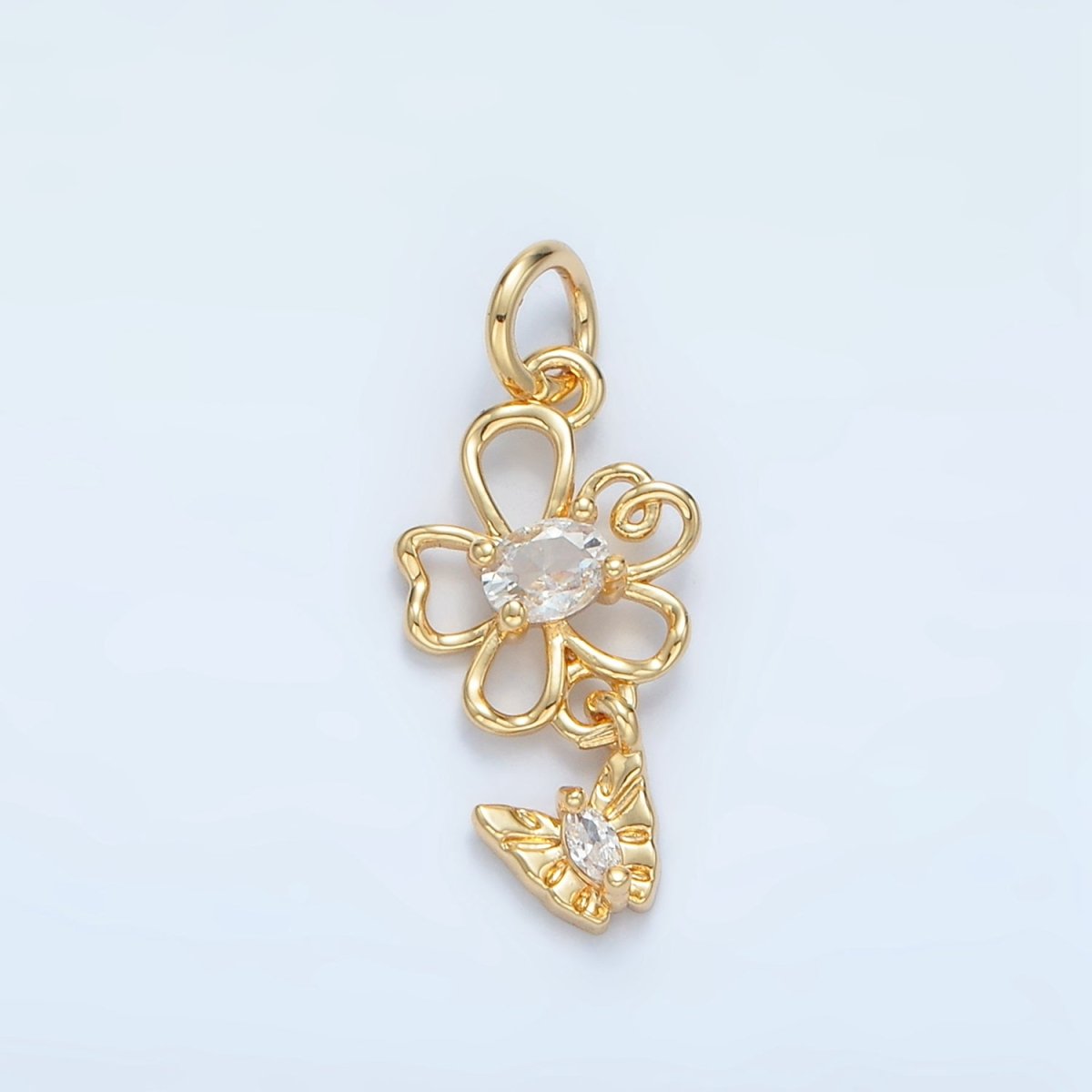 24K Gold Filled Clear CZ Open Flower Butterfly Drop Mini Charm | X299 - DLUXCA