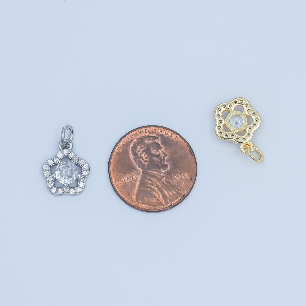 24K Gold Filled Clear CZ Open Flower Charm in Gold & Silver | C858 - DLUXCA