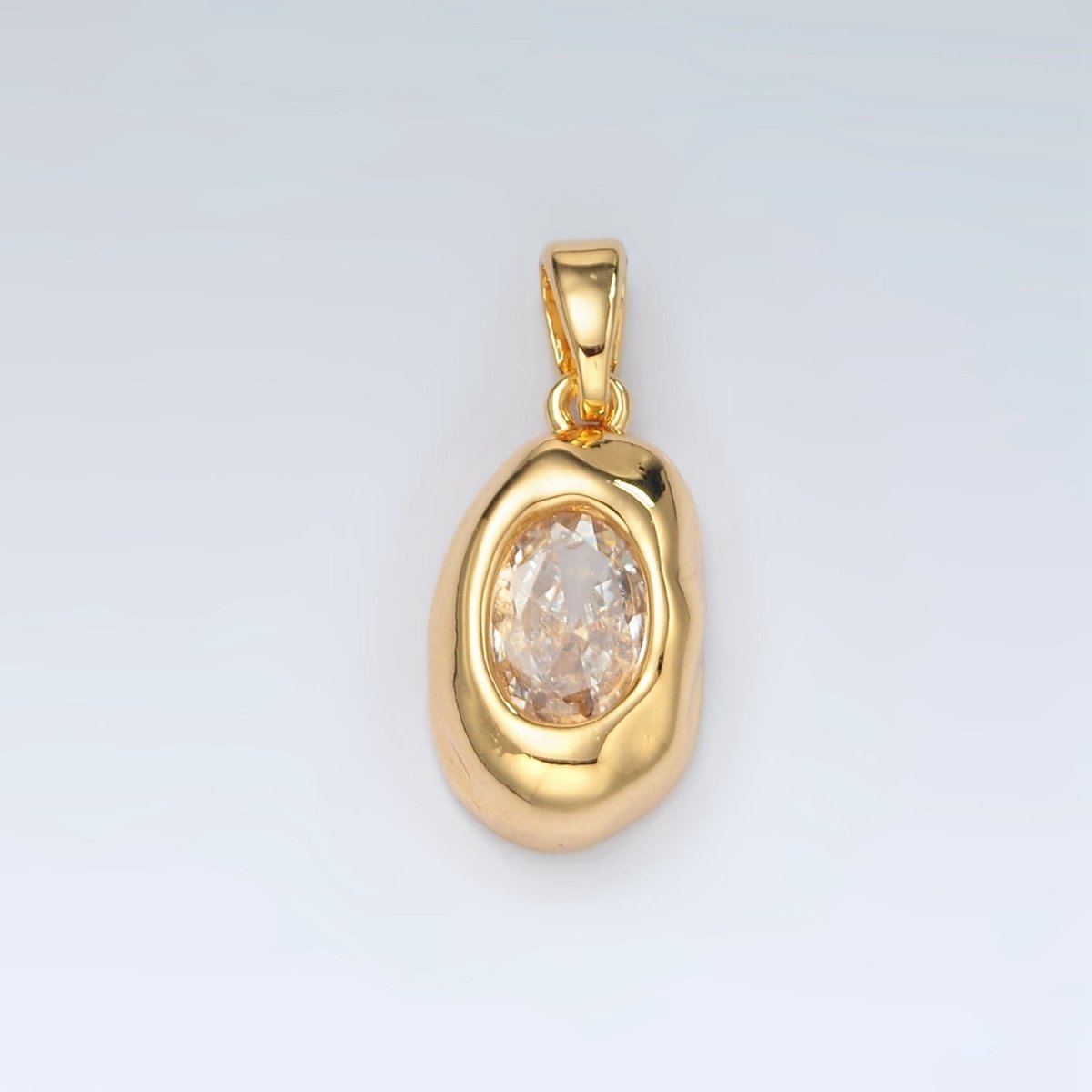 24K Gold Filled Clear CZ Oval Hammered Bezel Pendant | H792 - DLUXCA