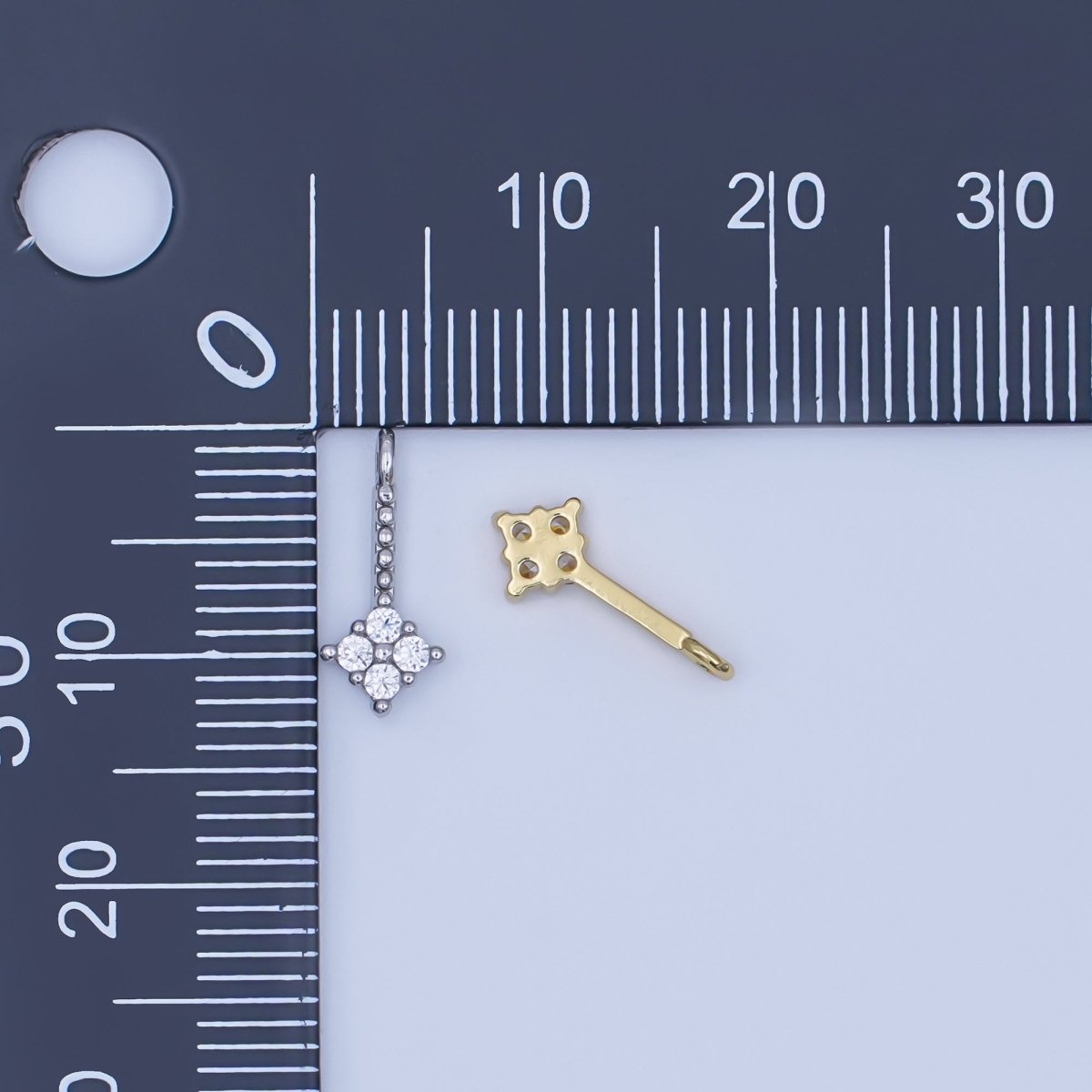 24K Gold Filled Clear CZ Quatrefoil Dotted Linear Charm in Gold & Silver | AF448 - DLUXCA
