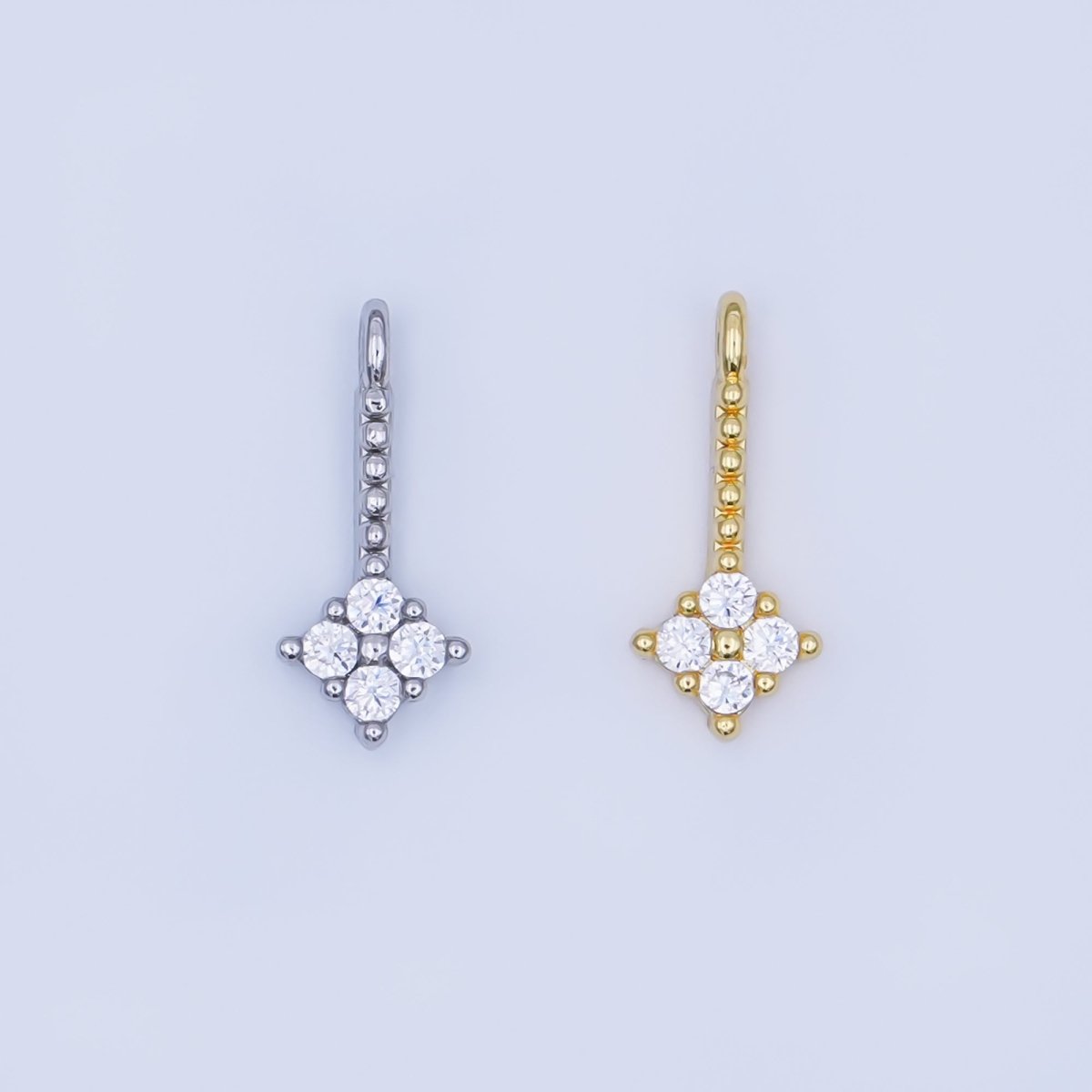 24K Gold Filled Clear CZ Quatrefoil Dotted Linear Charm in Gold & Silver | AF448 - DLUXCA