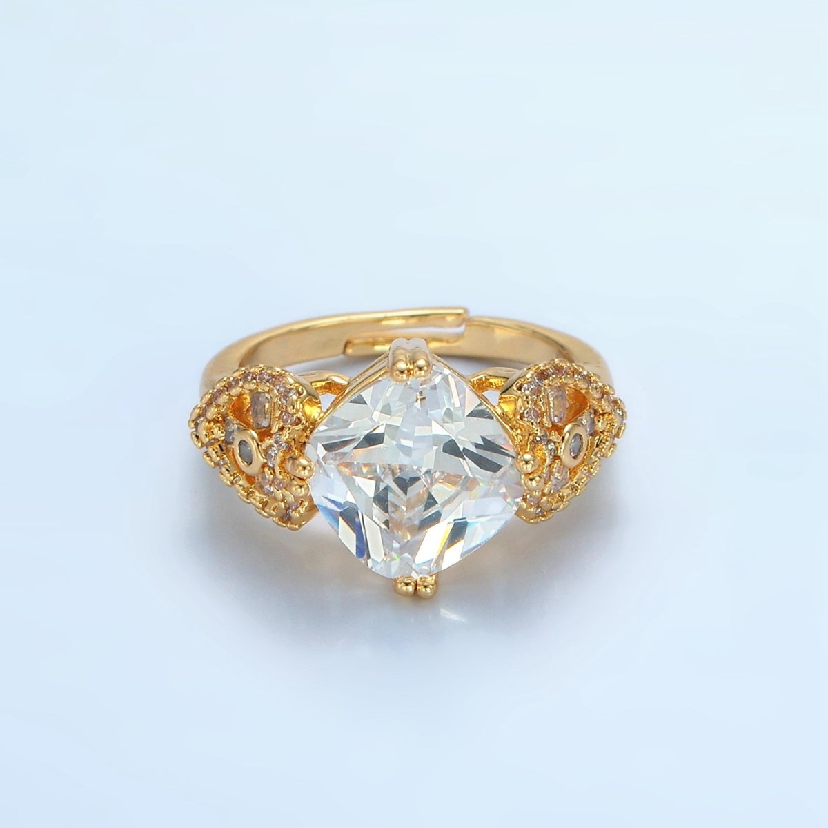 24K Gold Filled Clear CZ Rhombus Micro Paved CZ Artisan Heart Solitaire Ring | U338 - DLUXCA