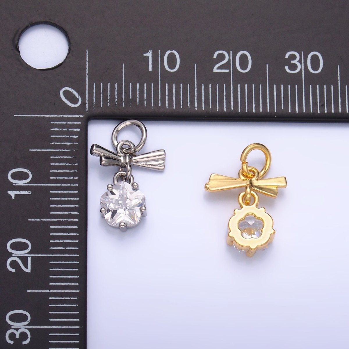 24K Gold Filled Clear CZ Ribbon Bow Drop Charm in Gold & Silver | W815 - DLUXCA