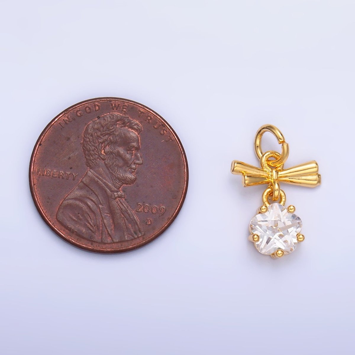 24K Gold Filled Clear CZ Ribbon Bow Drop Charm in Gold & Silver | W815 - DLUXCA