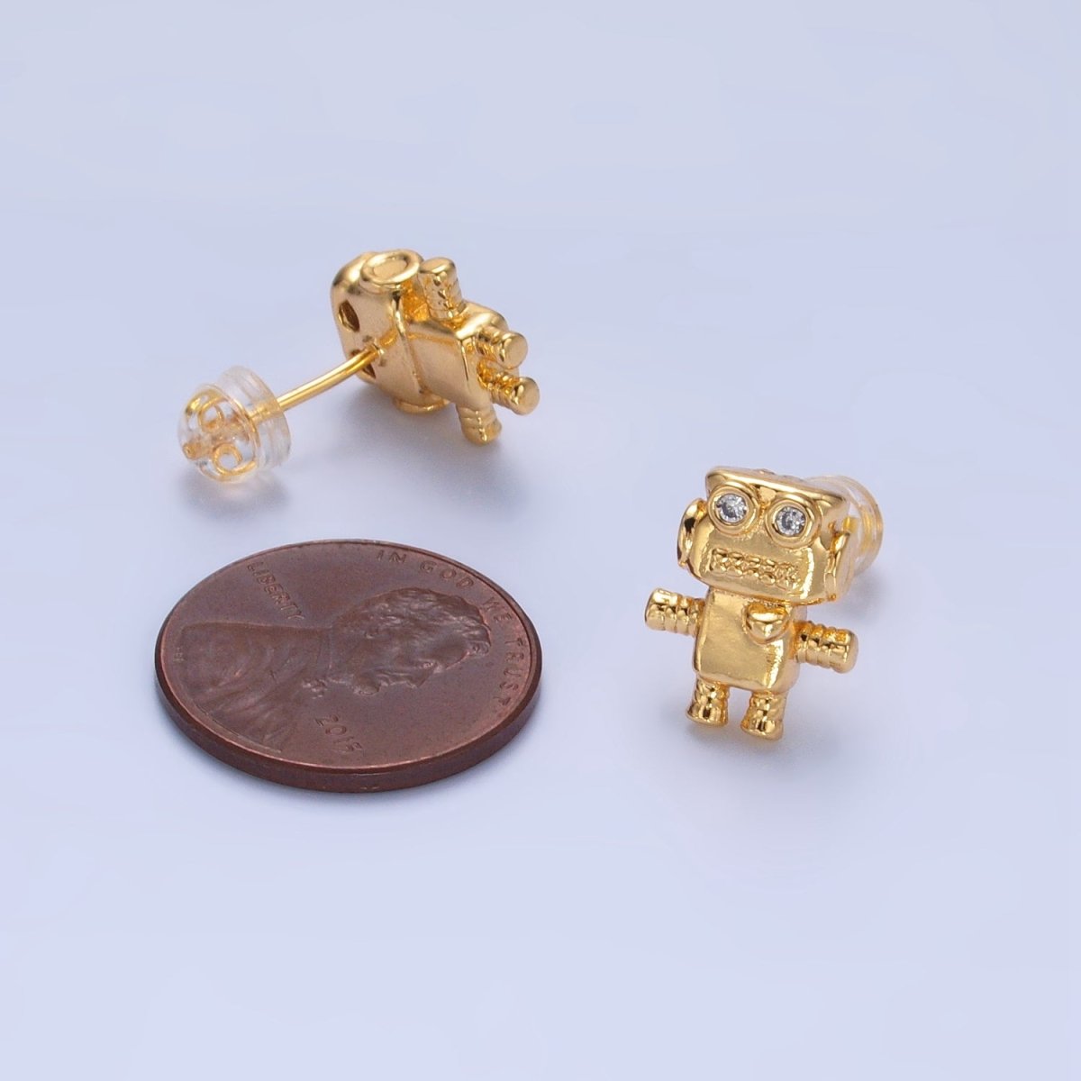 24K Gold Filled Clear CZ Robot Machine Stud Earrings | P366 - DLUXCA