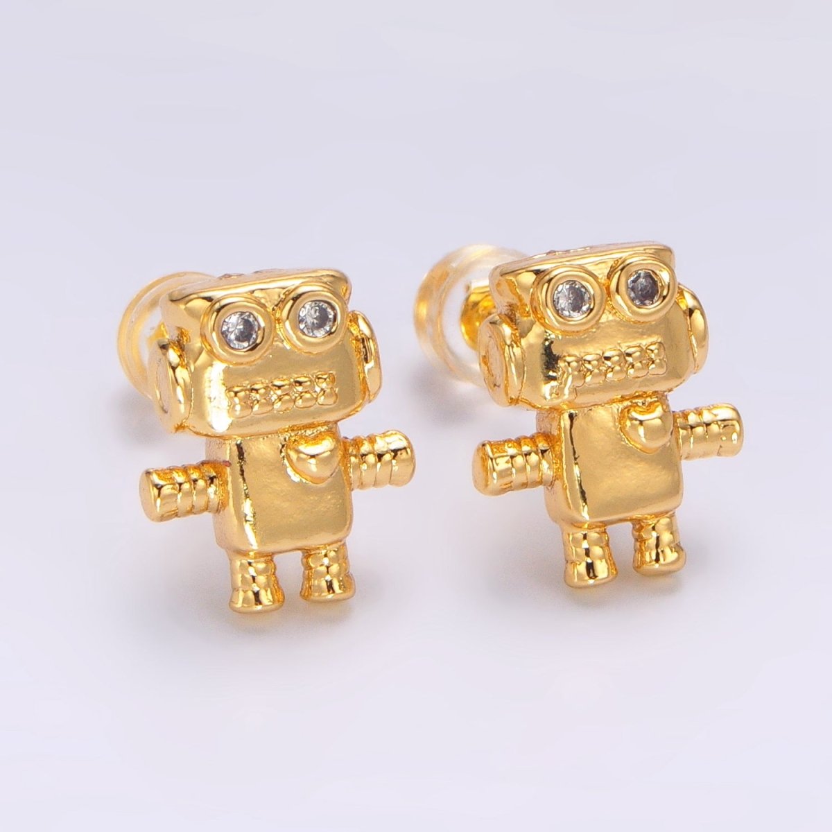 24K Gold Filled Clear CZ Robot Machine Stud Earrings | P366 - DLUXCA