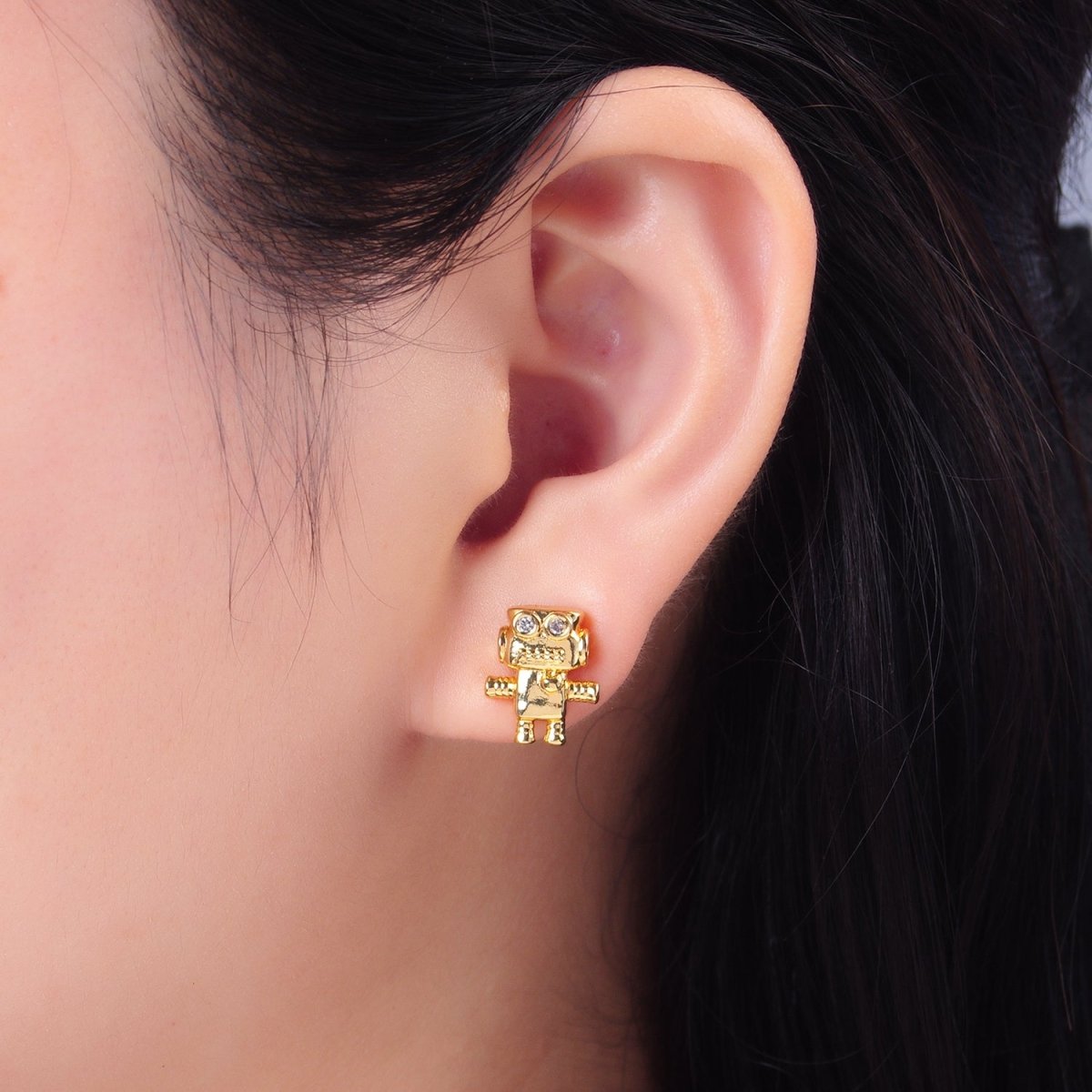 24K Gold Filled Clear CZ Robot Machine Stud Earrings | P366 - DLUXCA