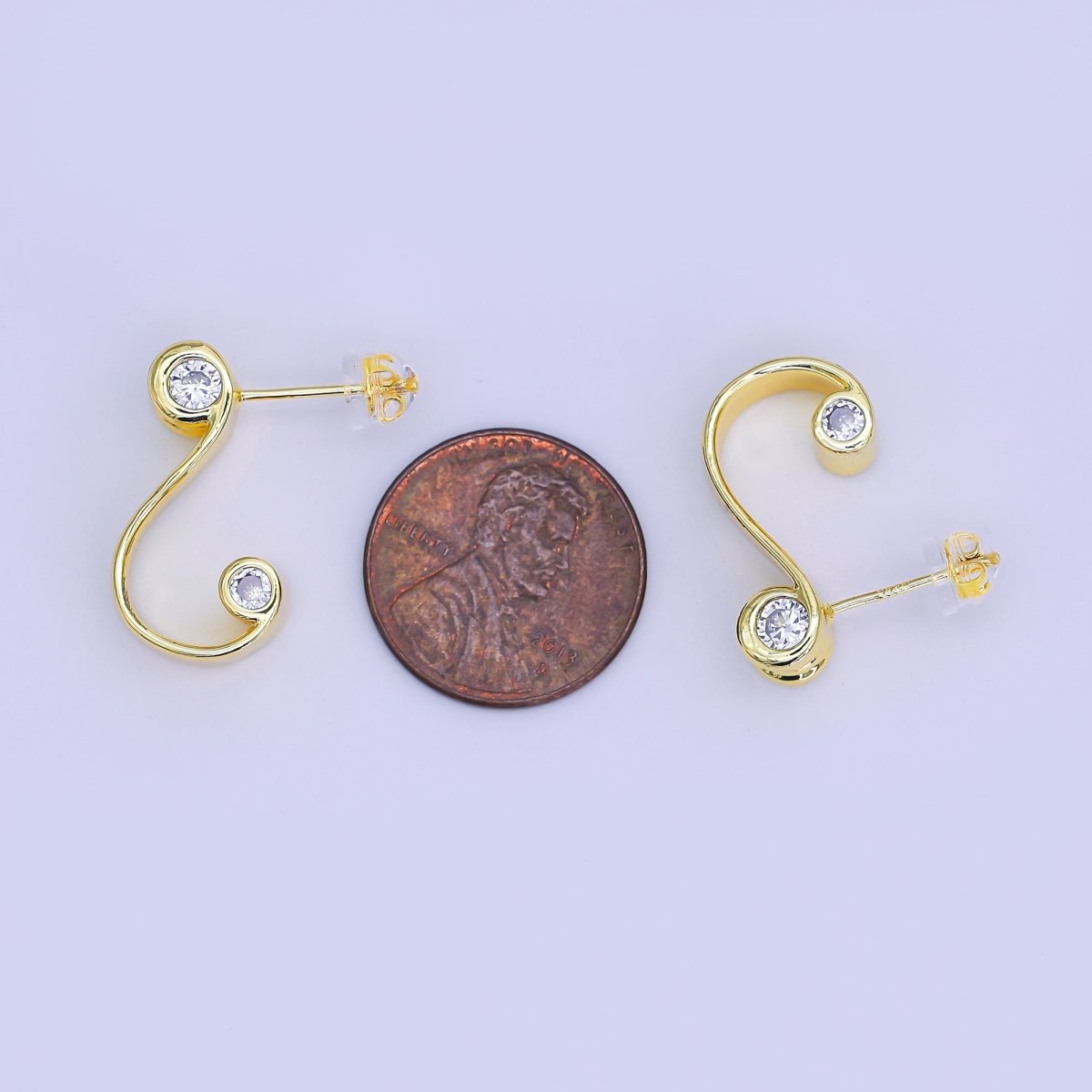 24K Gold Filled Clear CZ S - Curve Stud Earrings | AI439 - DLUXCA